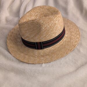 New Men's Straw Fedora Hat with Black and Burgundy Band
